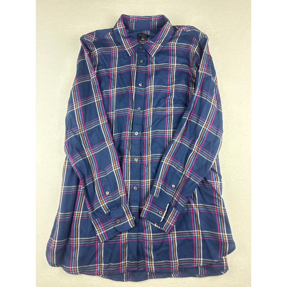 Talbots Womens Medium Navy Blue Pink Plaid Rayon Long Sleeve Button Down Shirt